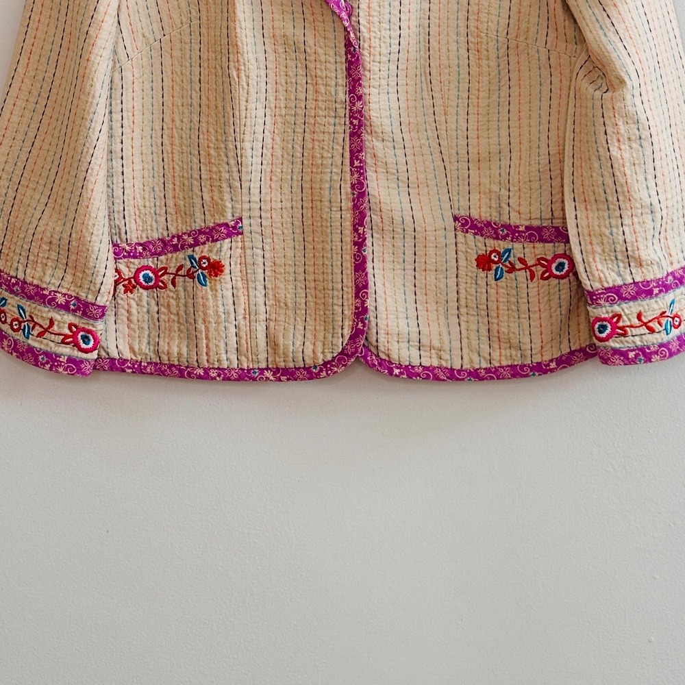 Sigrid Olsen Womens 8 Quilted Kantha Blazer Floral Embroidered Cotton Jacket Tan - Picture 6 of 8